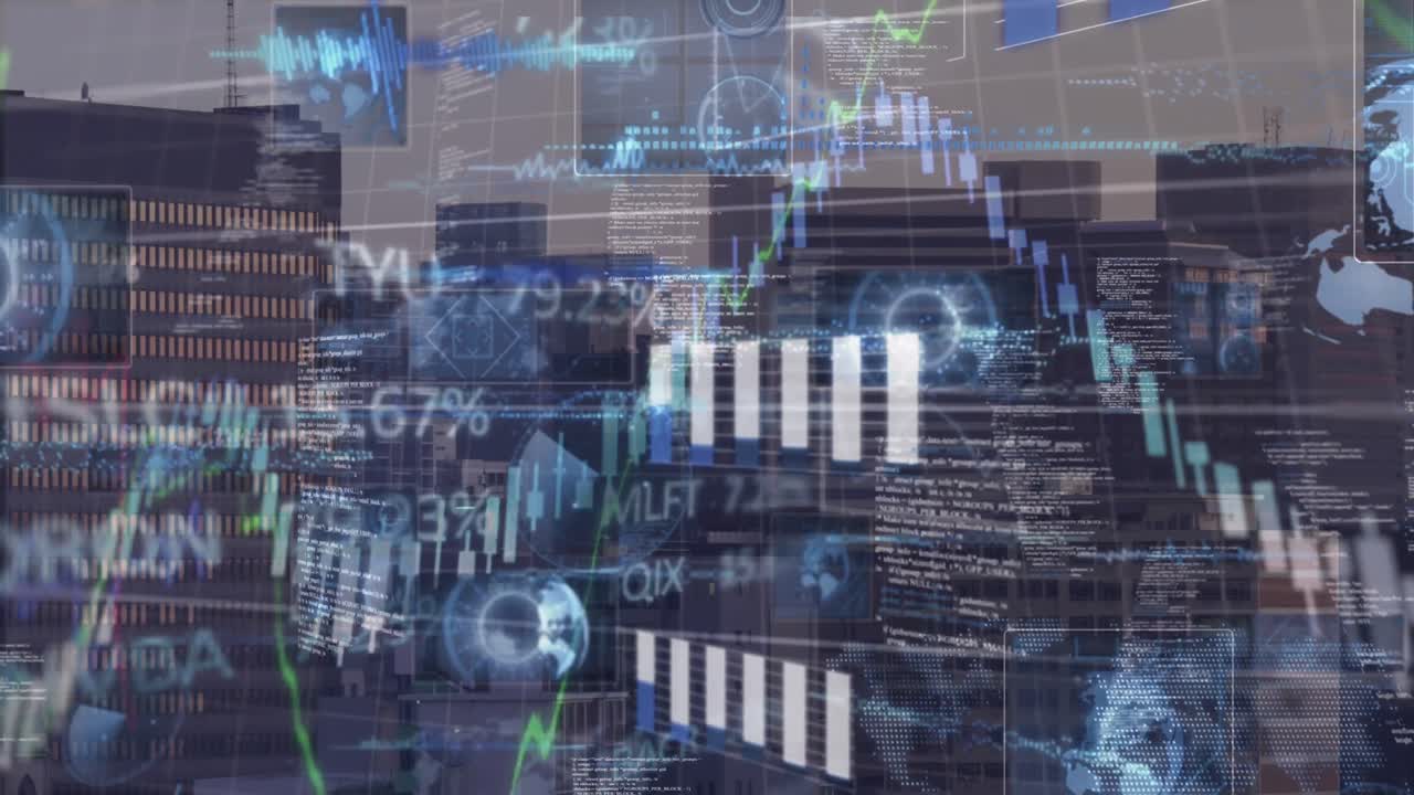 Animation of round scanners, financial and stock market data processing against view of cityscape