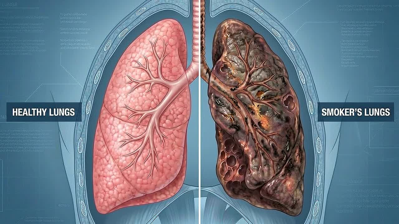 Confronto affiancato tra polmoni sani e polmoni danneggiati dal fumo che mostra il deterioramento dei tessuti e la struttura scurita.