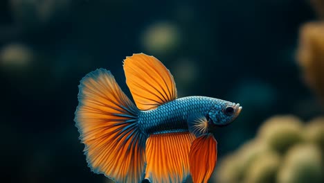 colorful betta fish swimming gracefully. a vibrant betta fish with blue and orange fins glides through the water, showcasing its beauty in an aquarium habitat.