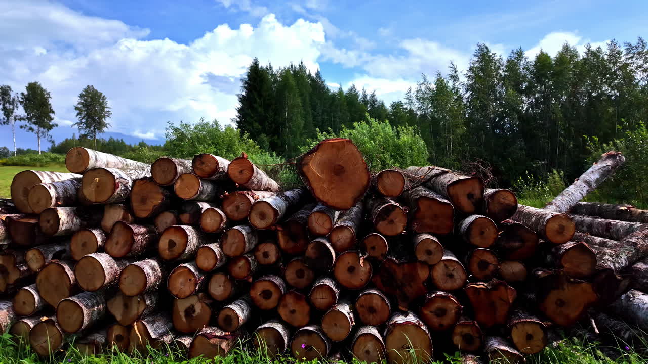 Freshly cut logs stacked outdoors against a backdrop of lush green trees and a bright blue sky