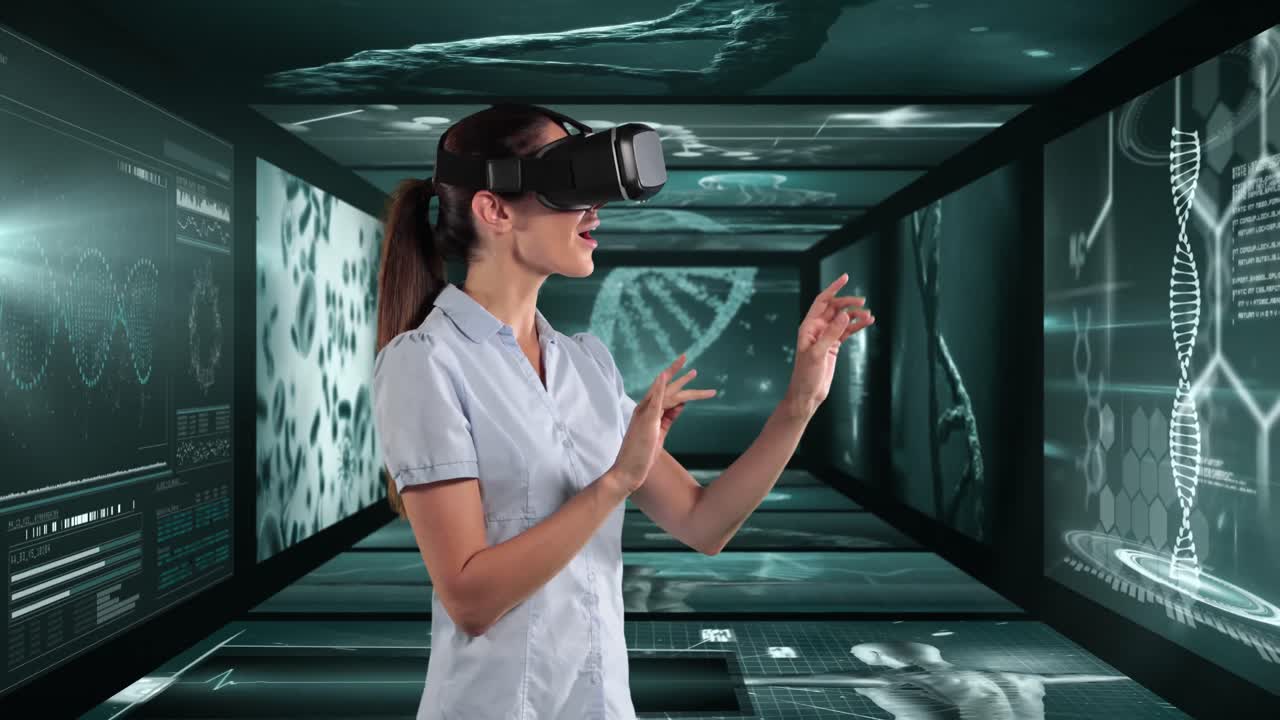 mujer usando auriculares vr contra pantallas con procesamiento de datos médicos