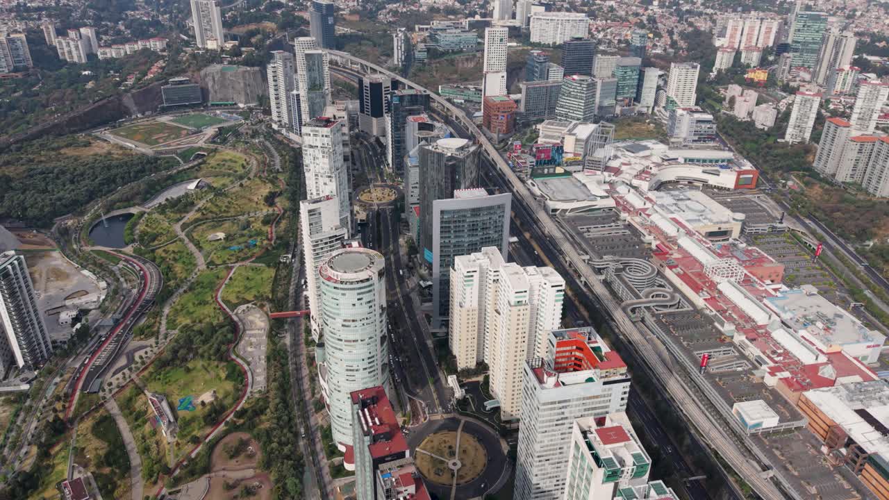 Sweeping aerial view of Santa Fe’s modern skyline in Cuajimalpa, CDMX
