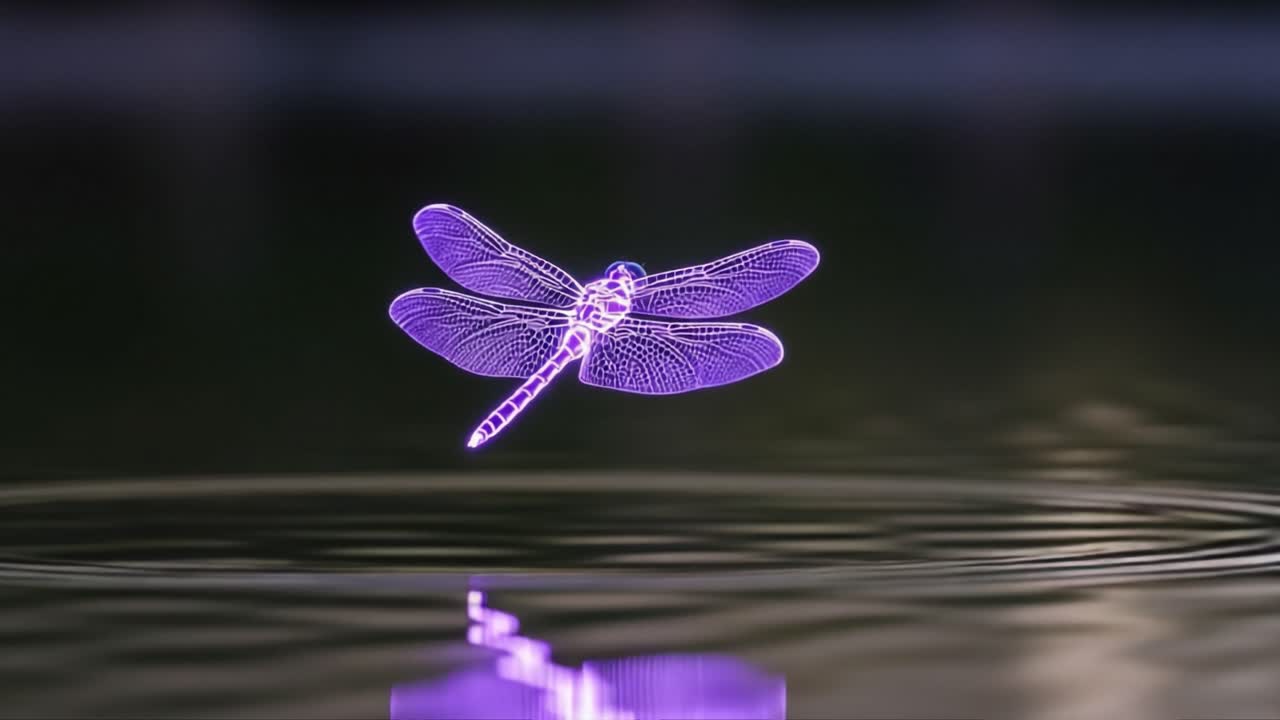 Enchanting Visualization of Ethereal Dragonflies Dancing Above the Water's Surface, Capturing the Serene Beauty of Nature's Wonders in Hypnotic Shades of Purple