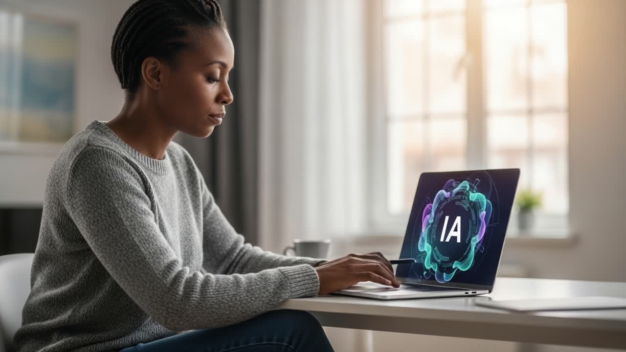 A focused individual engaged in creative work at a laptop displaying an AI-themed interface, embodying the integration of technology and daily life in a modern workspace setting