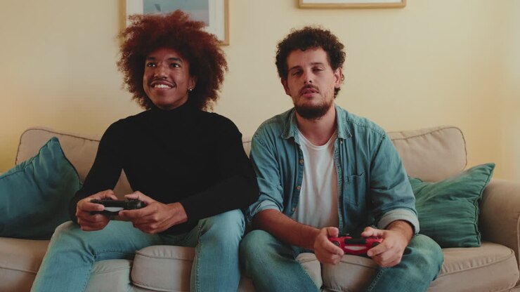 Two men playing video games on the couch