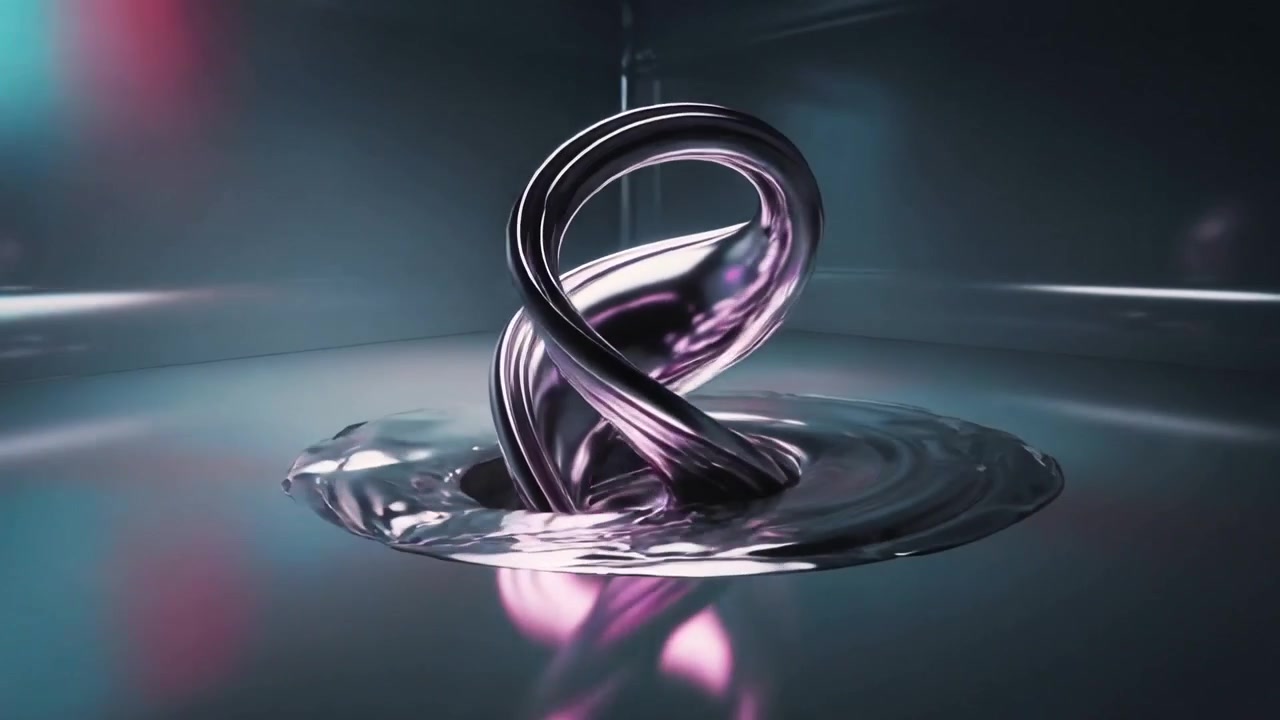 Rising metal ribbon from center hole looping folding spreading across glossy pool with cyan magenta