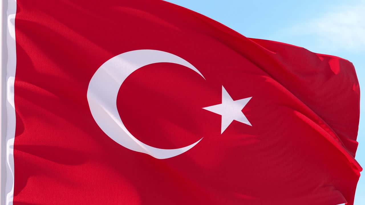 Turkey Flag Waving in the Wind Against a Blue Sky