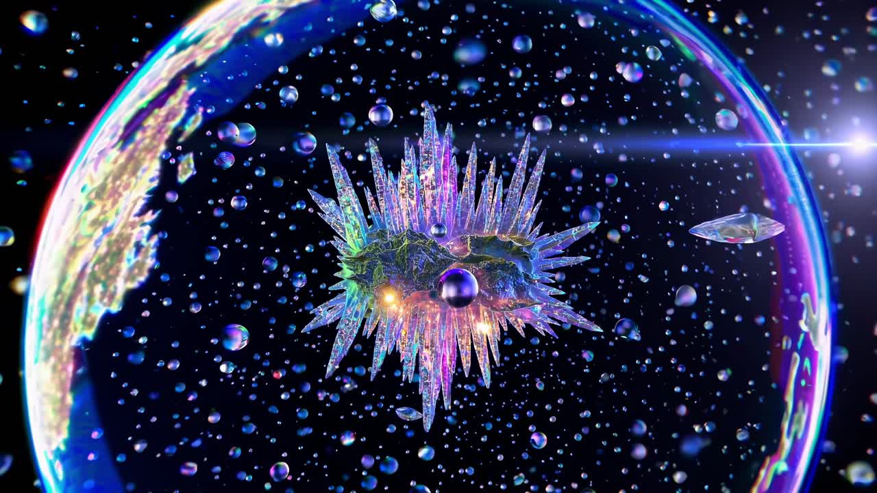 물방울과 함께 투명한 거품 안에서 진화하는 복잡한 결정 구조, 배경에 렌즈 플레어와 함께 행성과 밝은 별