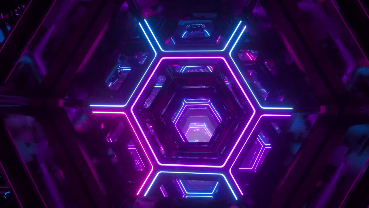 Volando attraverso un tunnel fantascientifico futuristico infinito. Esagoni luminosi al neon incandescenti. Ipersalto in un'altra galassia. Sfondo digitale astratto e creativo. Illuminazione moderna e colorata. Loop continuo.