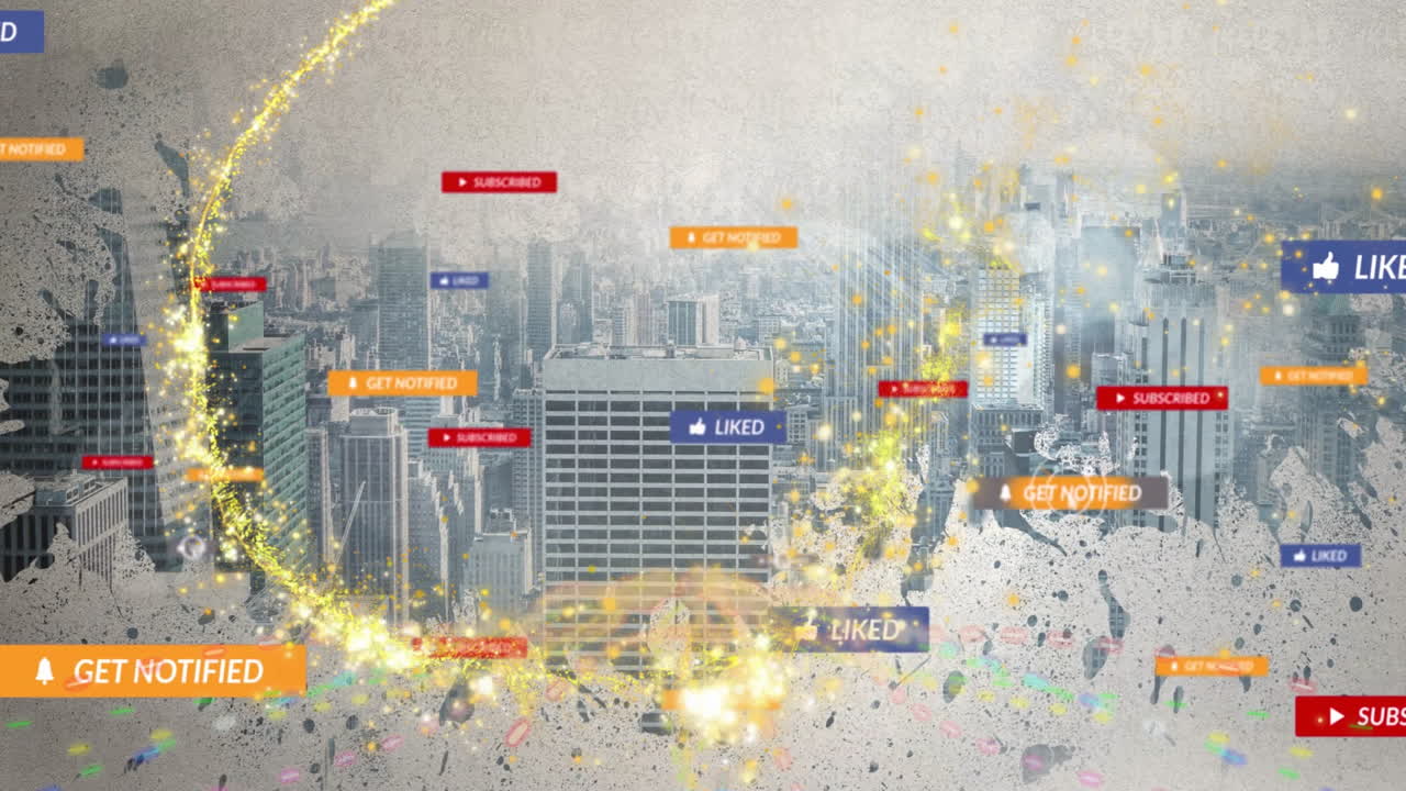 Cityscape with social media notifications and colorful confetti animation overlay