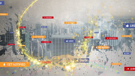 cityscape with social media notifications and colorful confetti animation overlay