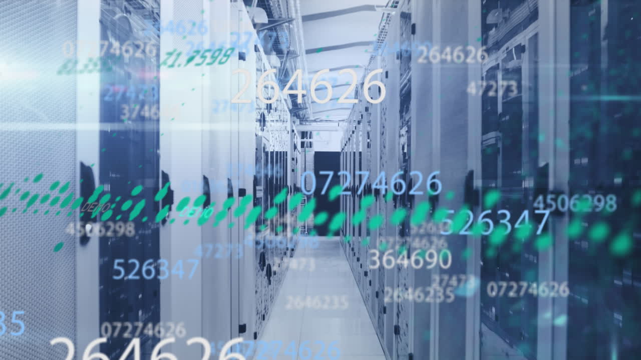 Multiple changing numbers floating against computer server room