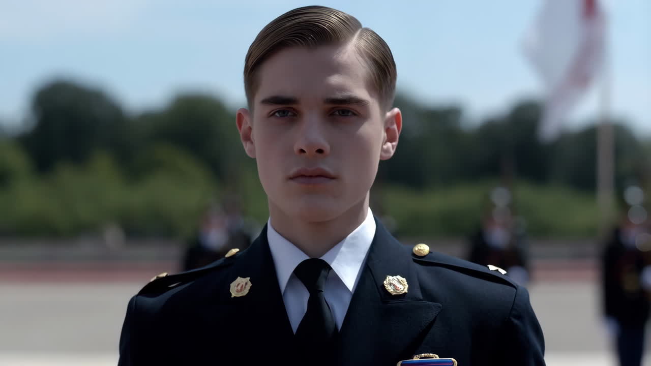 A young man in a military uniform looks directly at the camera with a serious expression, likely at a formal event