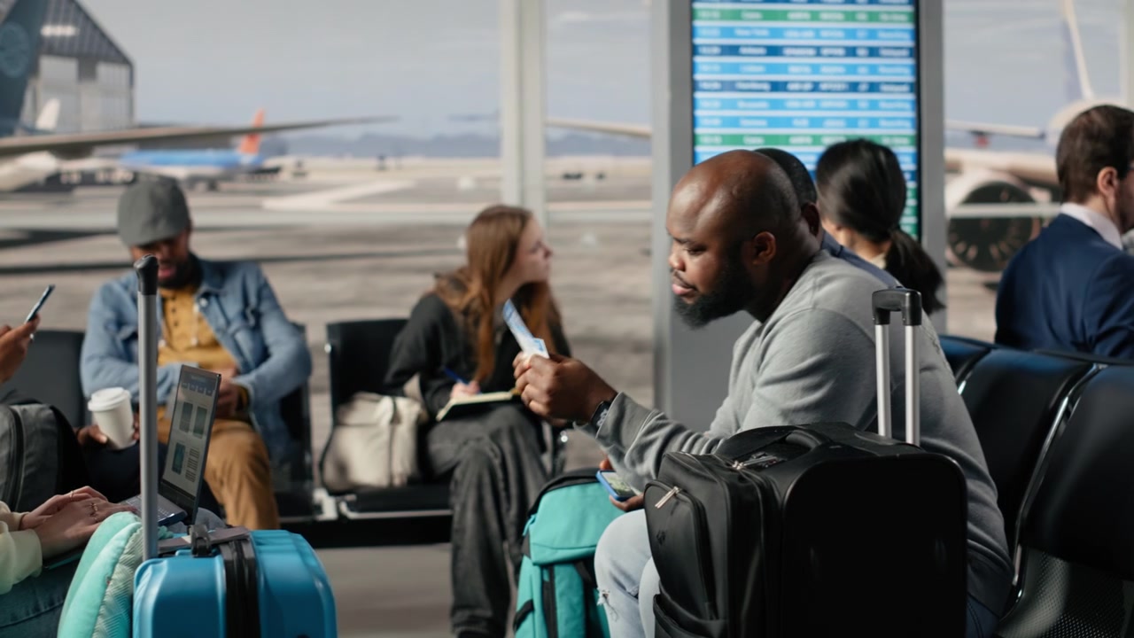 Men and women in airport stand up from chair after hearing flight announcement