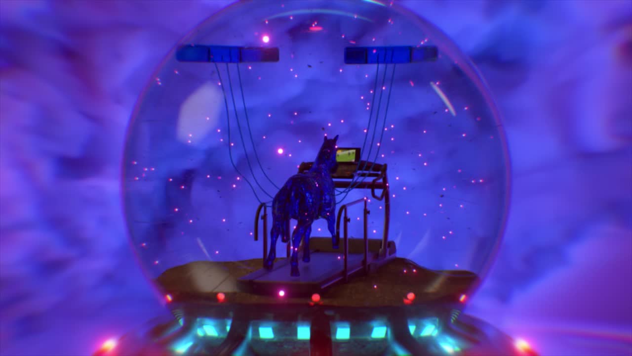 Unicórnio Futurista em uma Esteira em um Globo de Neve