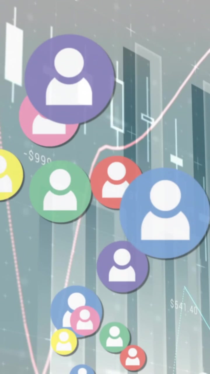 Animation of colourful profile icons moving over multiple graphs and numbers