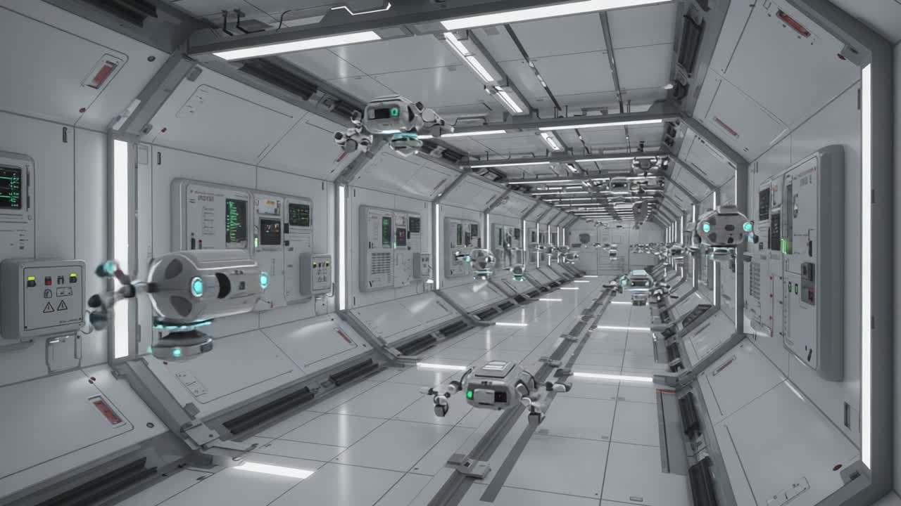 A Futuristic Space Corridor Within an Advanced Spacecraft, Showcasing a High-Tech Environment with Sleek Design and Sophisticated Robotics for Exploration Purposes