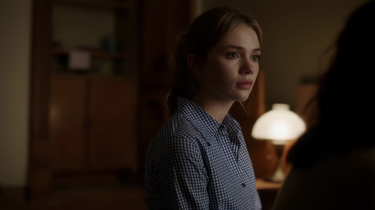 Young Woman with Pensive Expression in Dimly Lit Room