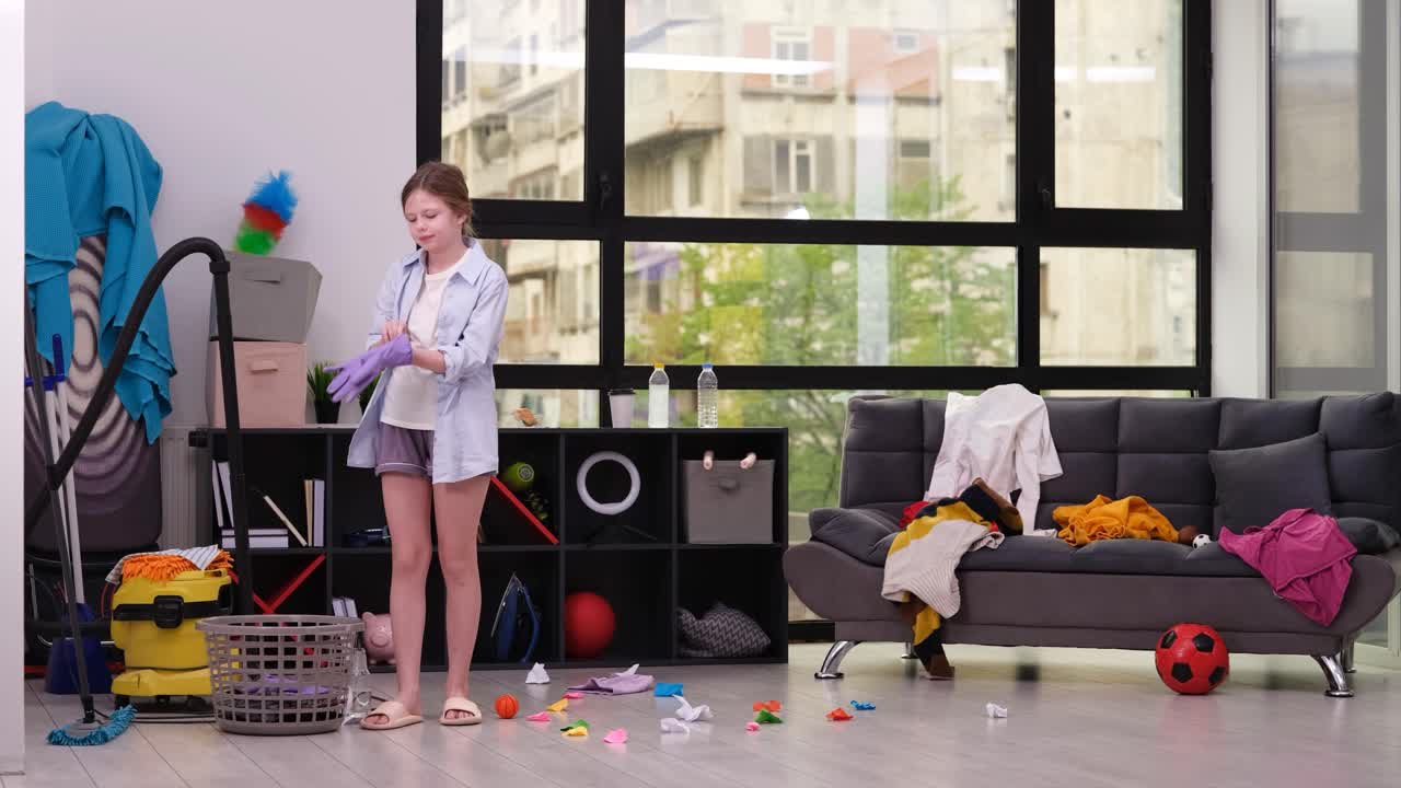 Girl cleaning a messy living room