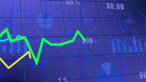 animación del procesamiento de datos estadísticos a través de la red de red contra un fondo azul