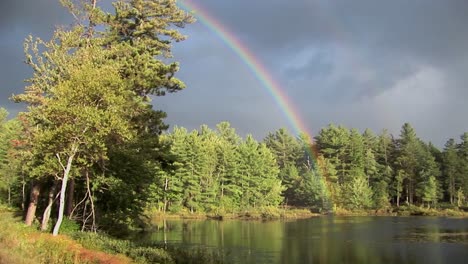 a rainbow over a forest and near a lake in rural maine