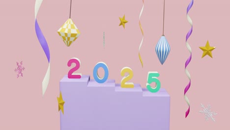 animation of 2025 text and christmas decorations in background