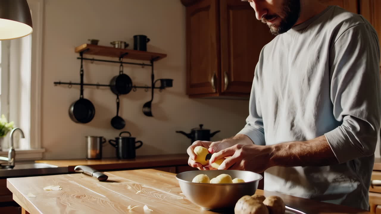 Homem Descascando Batatas na Cozinha