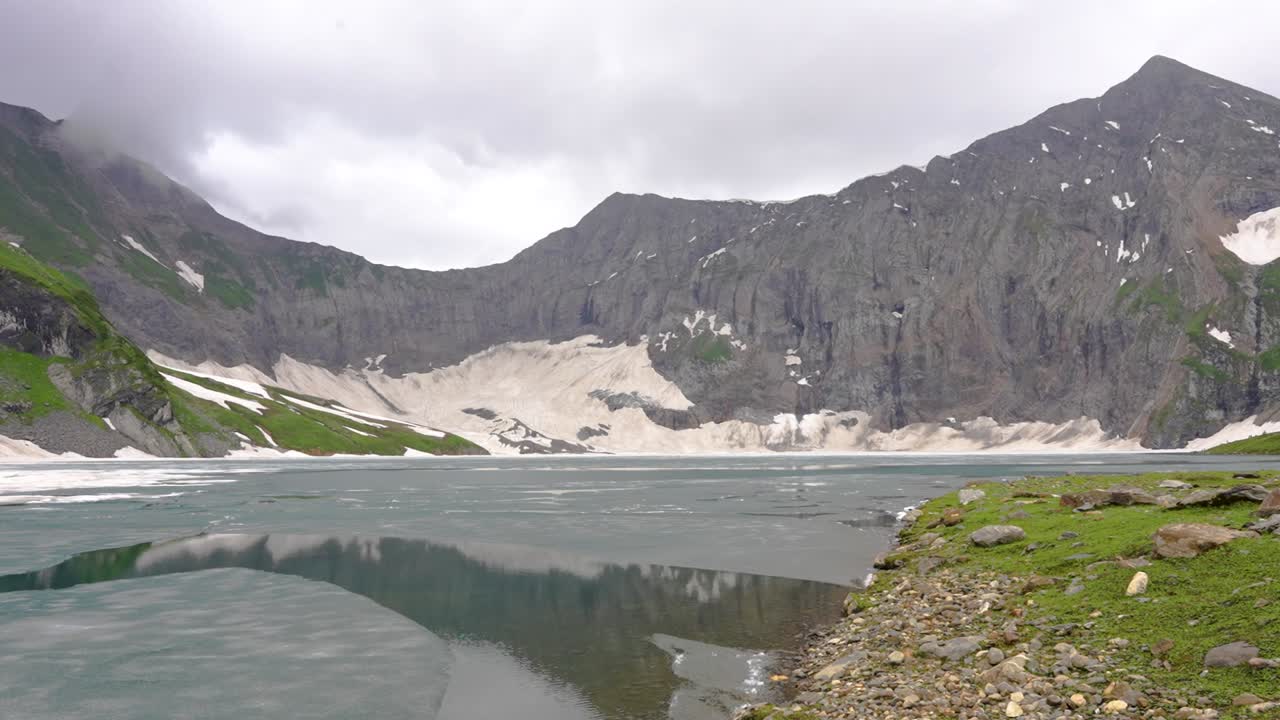 Partially frozen mountain lake with an icy surface, rocky shoreline, and towering cliffs in the background