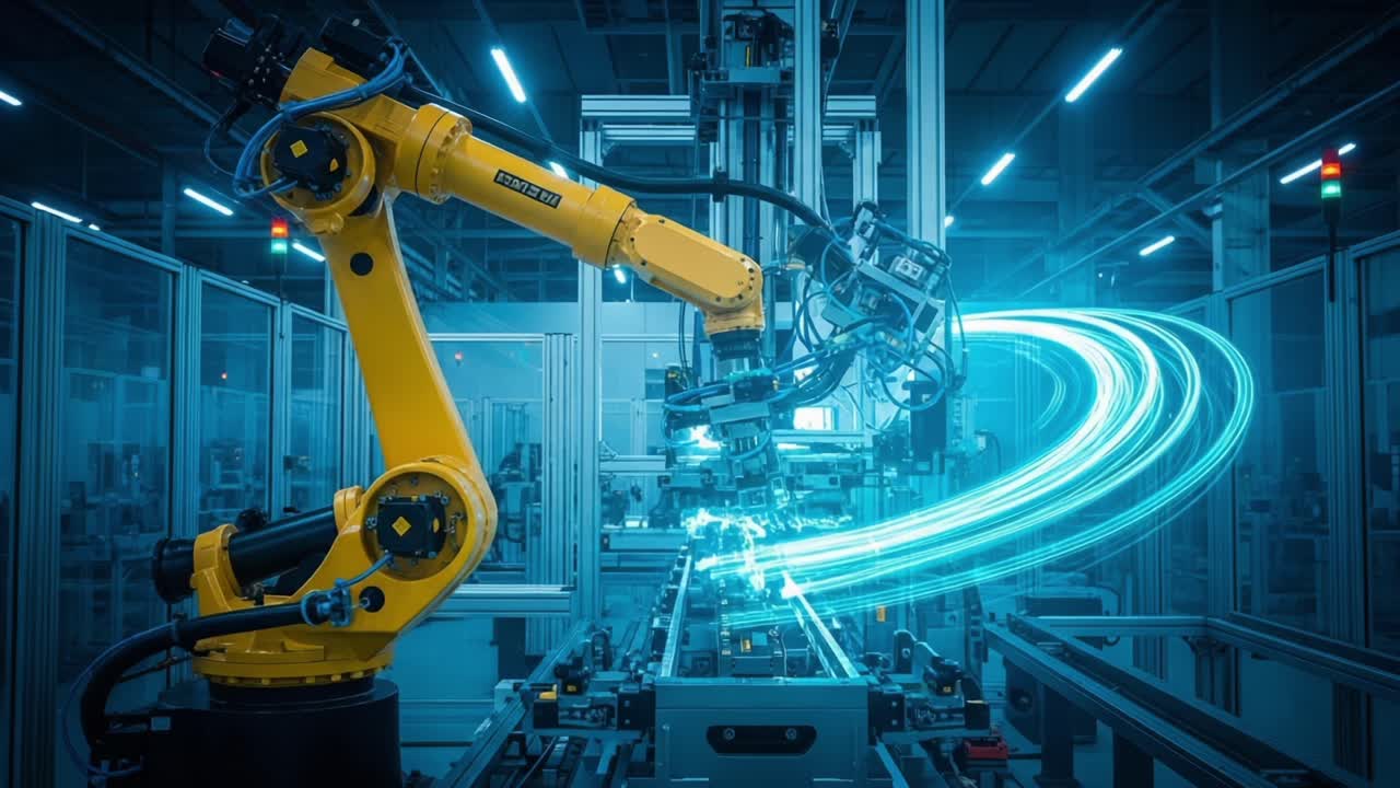 Advanced Industrial Robotics: A Precision Automation System Showcasing Collaborative Technologies and High-Speed Manufacturing Processes in a Modern Factory Environment