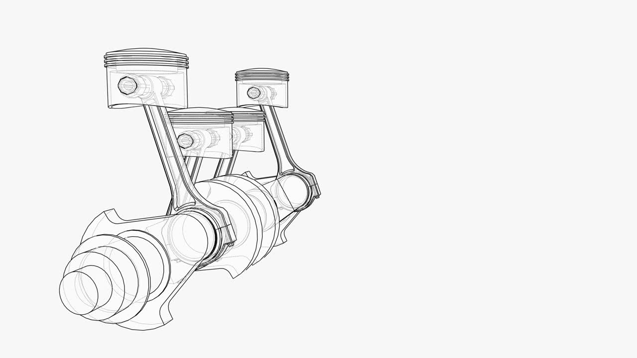 animación del cigüeñal y cuatro pistones. marco de alambre o estilo de plano