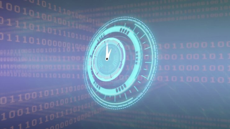 Animation of binary coding and data processing over clock