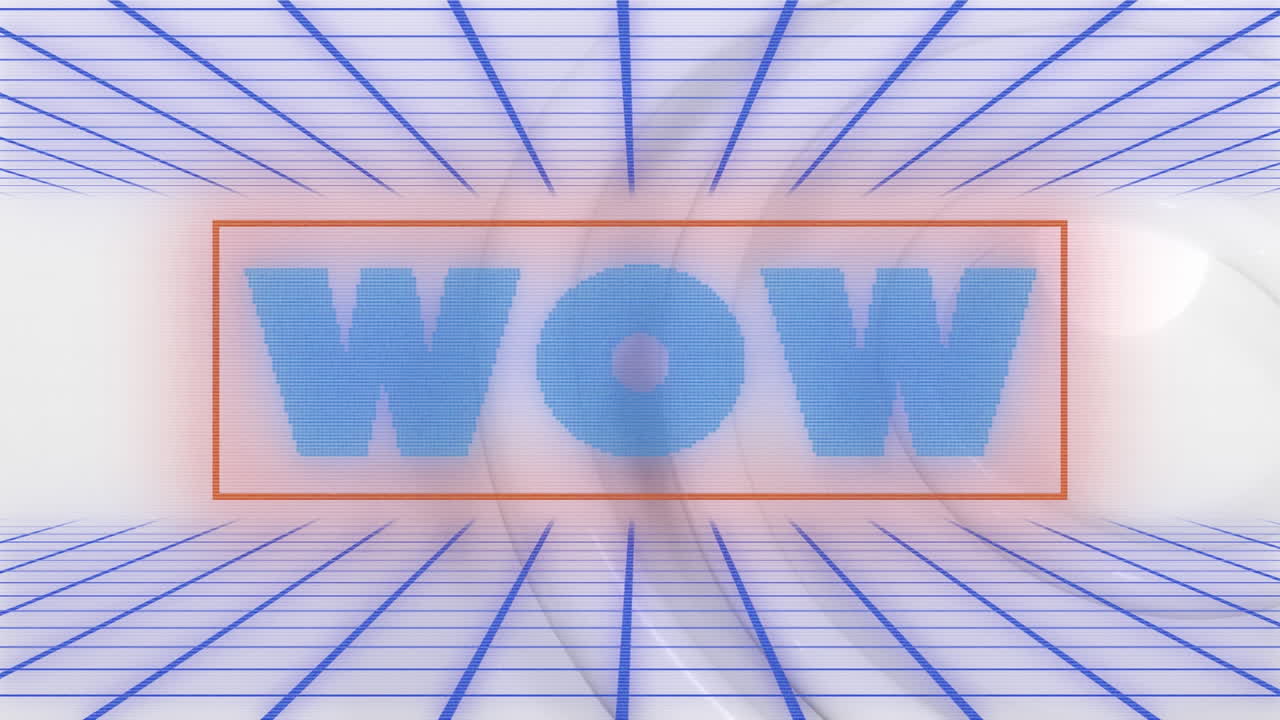 색 배경의 원 위에 파란색 선을 가진 와우 텍스트의 애니메이션