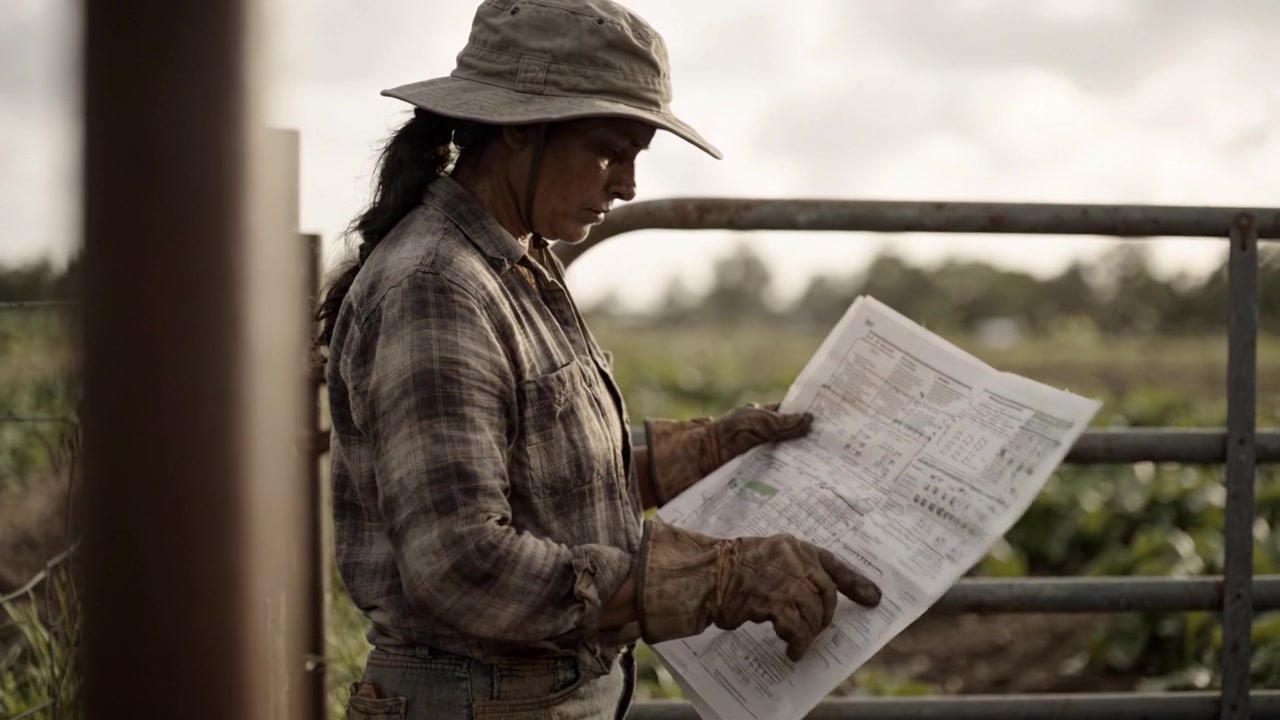 Un'agricoltrice concentrata esamina i suoi piani di coltivazione, mostrando dedizione e lavoro nel sereno paesaggio agricolo di un fiorente ambiente rurale