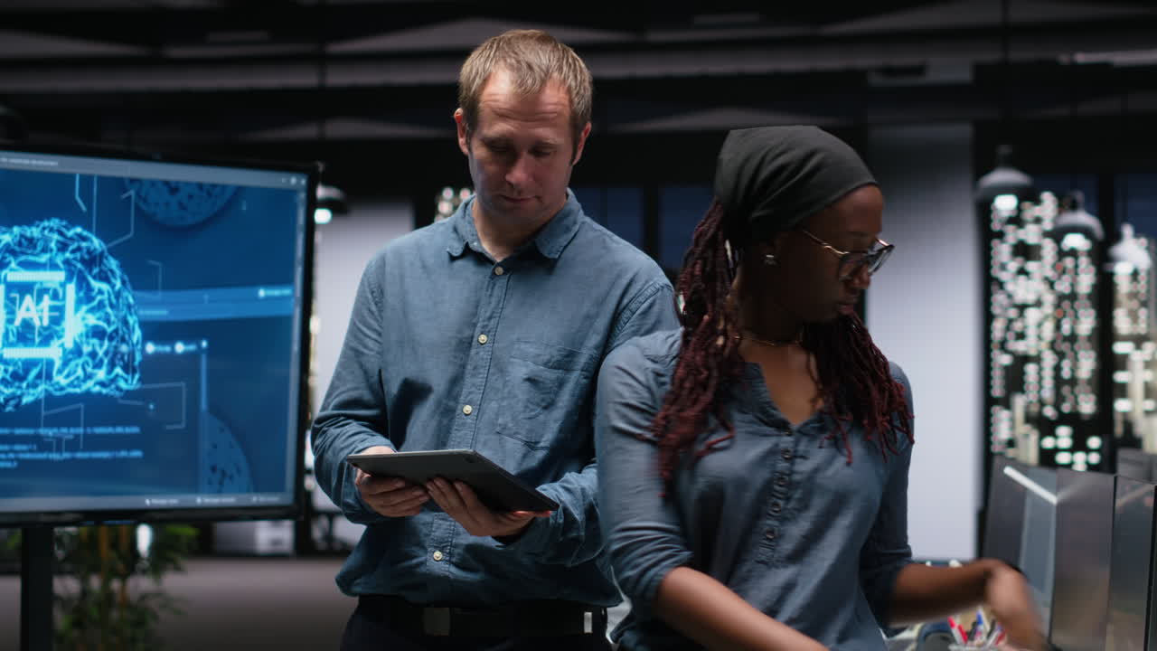 Diverse Colleagues Discussing AI and Code on Tablet and Laptop in Modern Office