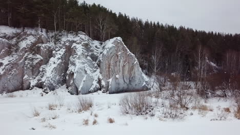 snowy rocks and forest landscape