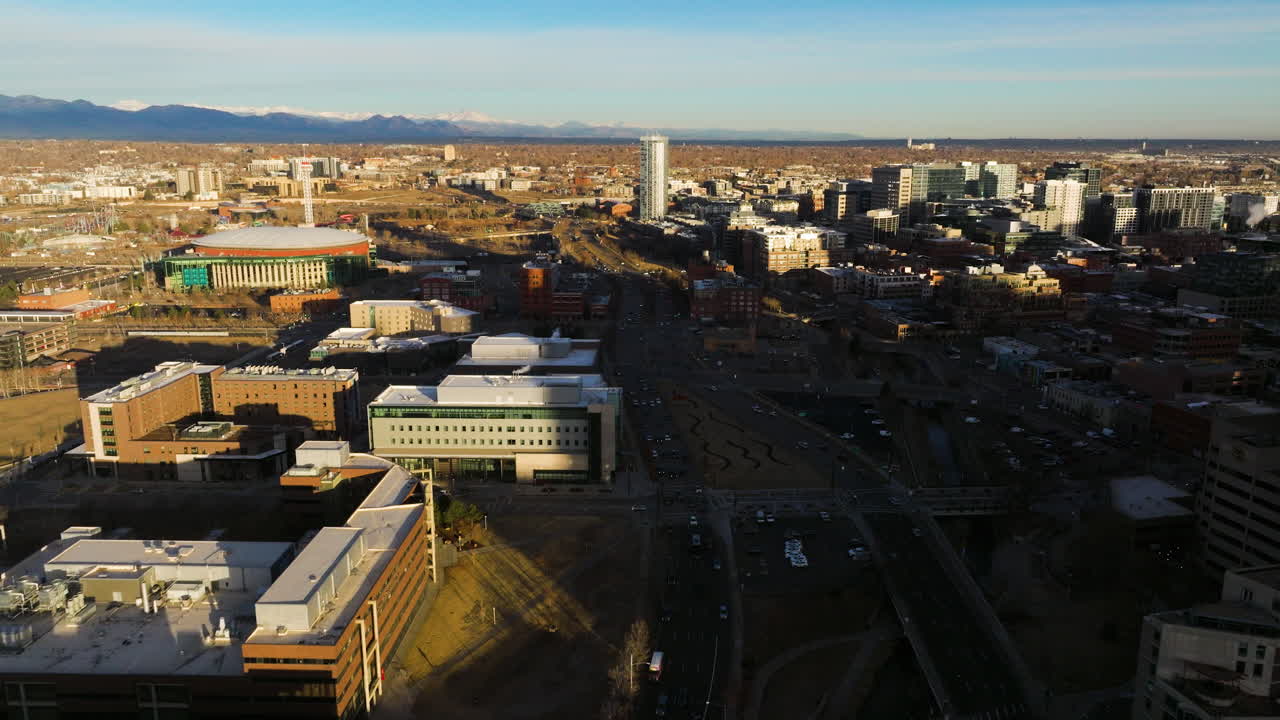 Peaceful aerial sweep across Denver