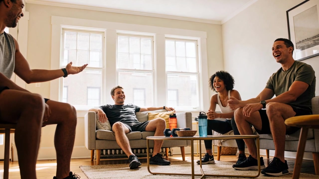 Talking left man starting in living room leaning gesturing to friends in activewear with dumbbells
