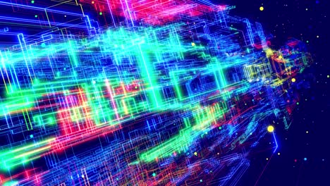 gráfico de movimiento, flujo de datos. flujo de datos de alta tecnología, diseño de movimiento, bucle vj. wireframes de bloques de red con luz de neón, brillo multicolor. holograma abstracto microcircuito como concepto tecnología de alta tecnología
