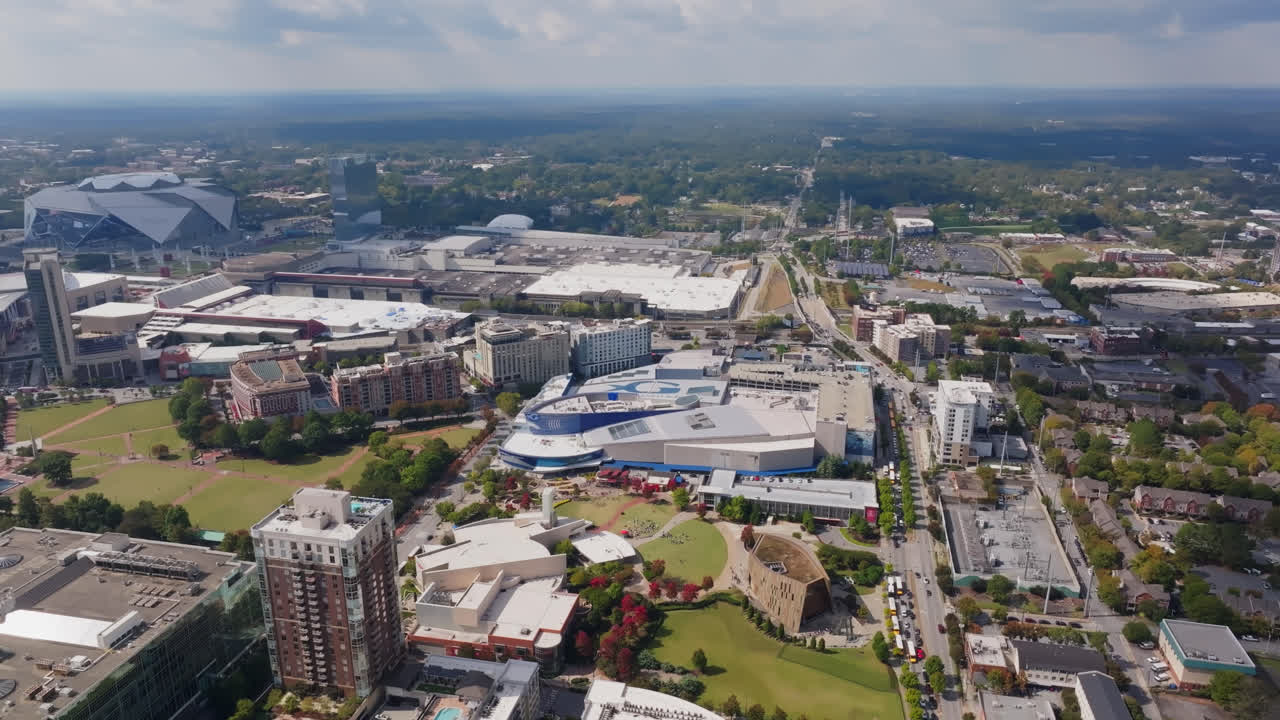 Aerial View Of Georgia Aquarium, World of Coca-Cola, Pemberton Place, And Mercedes-Benz Stadium.