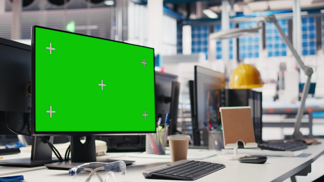 Copy space screen PC in photovoltaics factory used to manage system performance