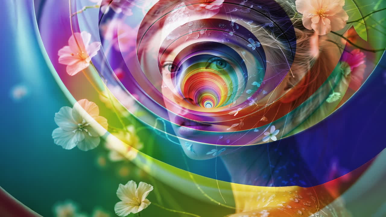 Colorful Abstract Portrait with Psychedelic Spirals and Flowers