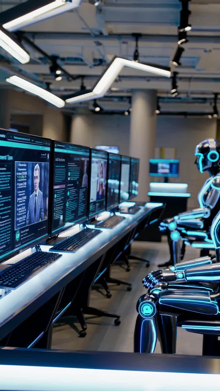 Humanoid robot diligently working at modern office desk, analyzing data and managing video conferences through multiple screens, representing AI integration in customer service