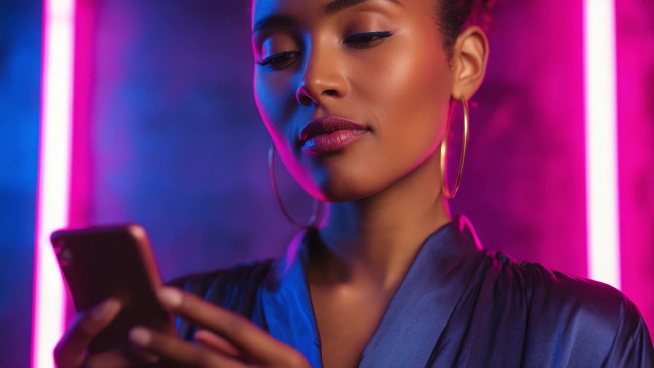 Una donna sicura di sé in un'elegante vestaglia blu tiene uno smartphone mentre si trova contro uno sfondo vibrante rosa e blu, emanando eleganza moderna e compostezza