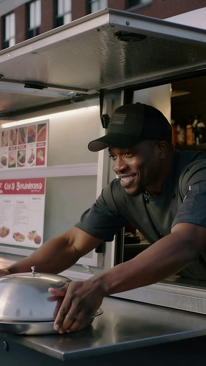 Vertical video: Order ready, chef wearing jacket, cap placing steel dome on street-side counter
