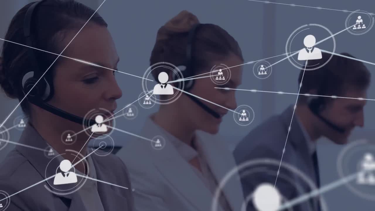 Animation of network of profile icons over caucasian woman wearing phone headset smiling at office