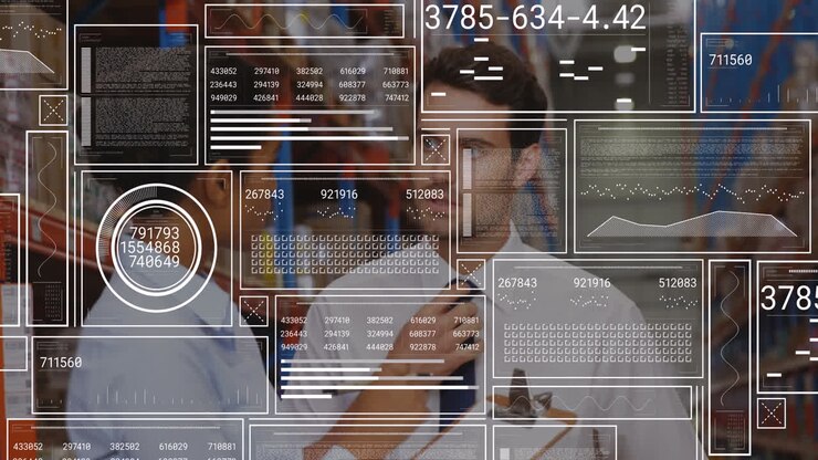 Animation of data processing over diverse male and female supervisors discussing at warehouse