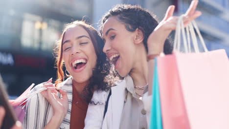 happy woman, friends and shopping bag in city