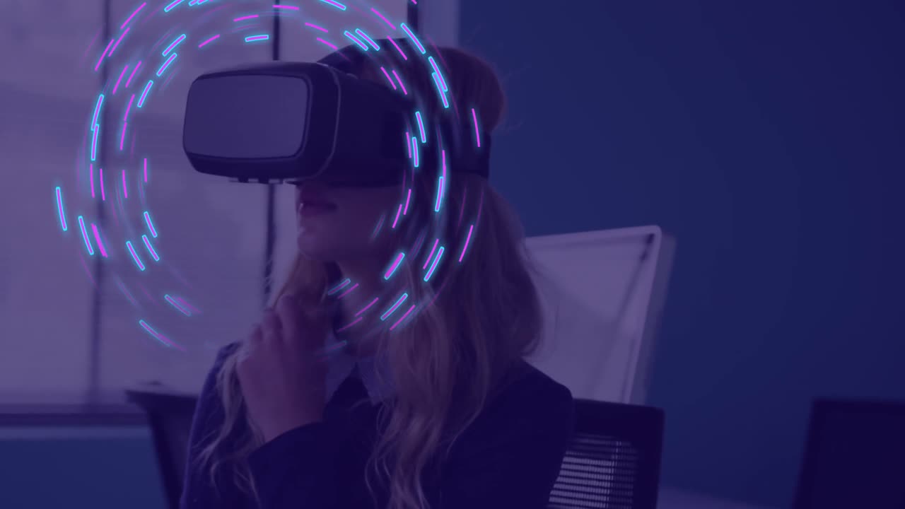 Animation of glowing light trails of data transfer over caucasian woman in vr headset