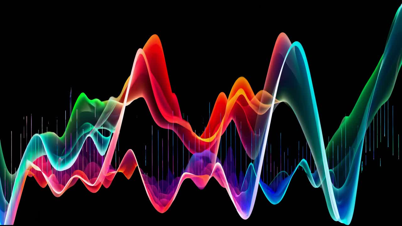 Colorful, abstract waveforms in a digital style, viewed from a side angle, resembling a video