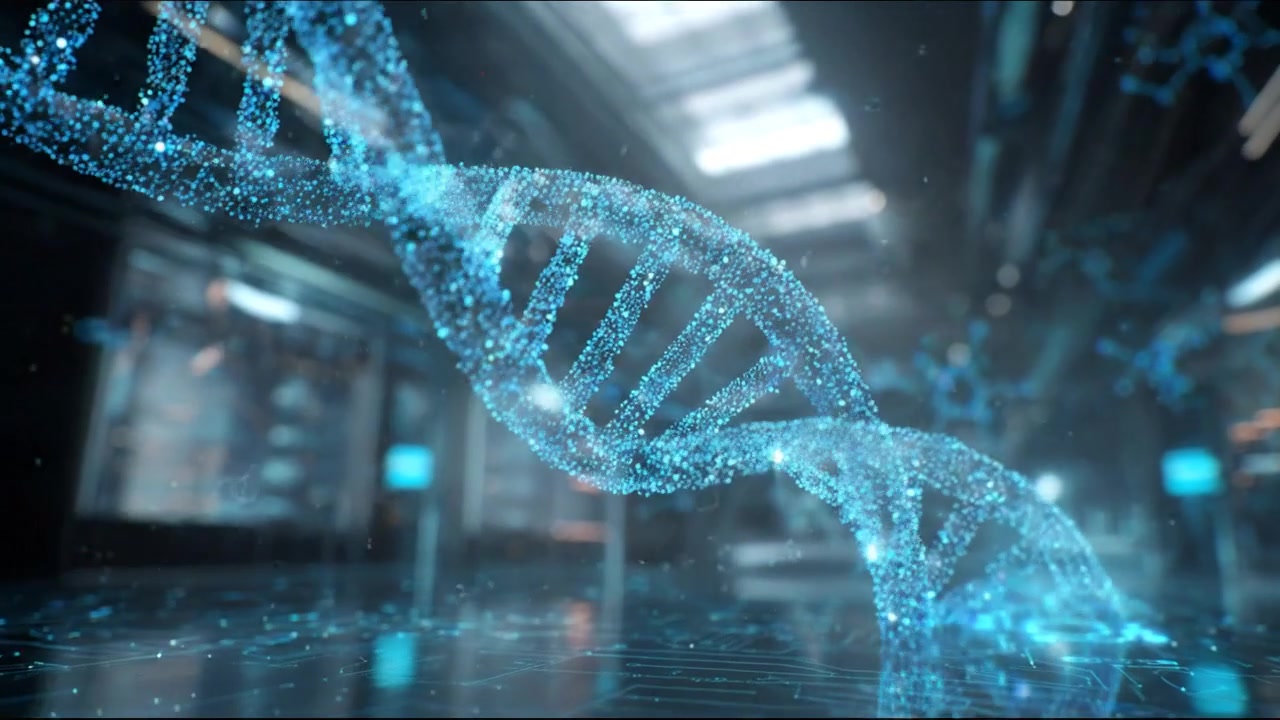 Elica doppia di DNA trasparente che fluttua all'interno di un moderno ambiente di laboratorio